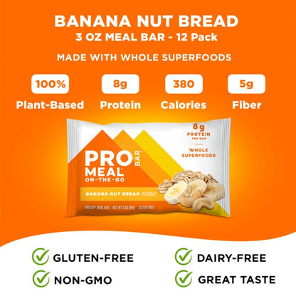 PROBAR - MEAL Riegel, Bananen-Nussbrot, Nicht-GVO, Glutenfrei, Gesund, Pflanzenbasiert, Vollwertzutaten, Natürliche Energie (12er Pack)