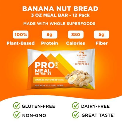 PROBAR - MEAL Riegel, Bananen-Nussbrot, Nicht-GVO, Glutenfrei, Gesund, Pflanzenbasiert, Vollwertzutaten, Natürliche Energie (12er Pack)