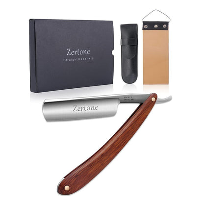 Zertone Rasiermesser für Herren Set mit Streichriemen - Gerader Rasierer mit natürlichem Holzgriff – Scharfer Kohlenstoffstahl, Vintage Holzklinge, Barber Rasierer