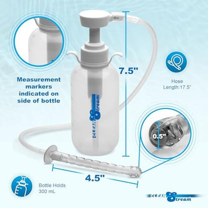 Cleanstream Pump Action Einlaufflasche mit flexiblem Aufsatz und Spritzenartigem Griff, 300 ml Fassungsvermögen, Silikonmaterial, Einfaches Selbstreinigungs-Dusche-System für kontrollierte persönliche Pflege