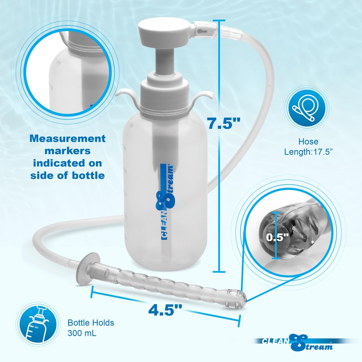 Cleanstream Pump Action Einlaufflasche mit flexiblem Aufsatz und Spritzenartigem Griff, 300 ml Fassungsvermögen, Silikonmaterial, Einfaches Selbstreinigungs-Dusche-System für kontrollierte persönliche Pflege