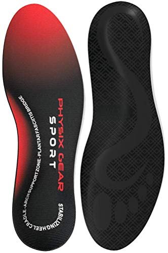 Physix Gear Sport Orthostatische Einlegesohlen für Männer & Frauen – Fußgewölbe-Stützung, Orthopädische Einlagen, Plantarfasziitis Komfort, Rot/Schwarz, M
