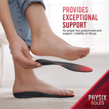Physix Gear Sport Orthostatische Einlegesohlen für Männer & Frauen – Fußgewölbe-Stützung, Orthopädische Einlagen, Plantarfasziitis Komfort, Rot/Schwarz, M