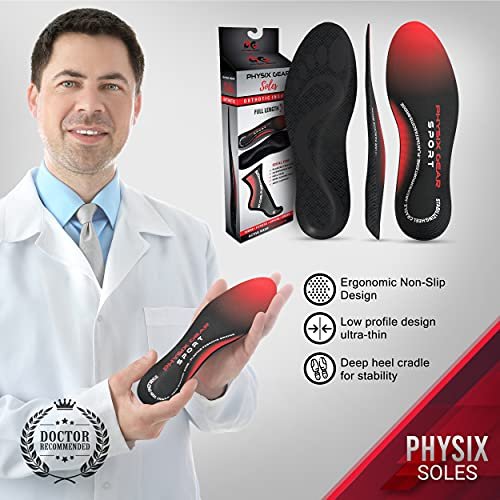 Physix Gear Sport Orthostatische Einlegesohlen für Männer & Frauen – Fußgewölbe-Stützung, Orthopädische Einlagen, Plantarfasziitis Komfort, Rot/Schwarz, M
