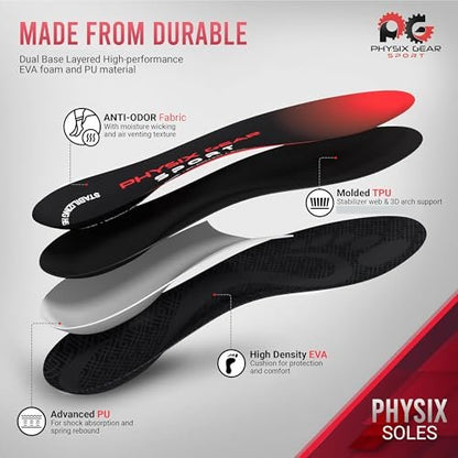 Physix Gear Sport Orthostatische Einlegesohlen für Männer & Frauen – Fußgewölbe-Stützung, Orthopädische Einlagen, Plantarfasziitis Komfort, Rot/Schwarz, M