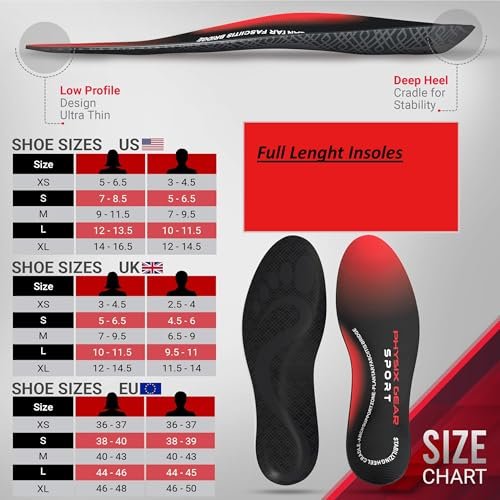 Physix Gear Sport Orthostatische Einlegesohlen für Männer & Frauen – Fußgewölbe-Stützung, Orthopädische Einlagen, Plantarfasziitis Komfort, Rot/Schwarz, M