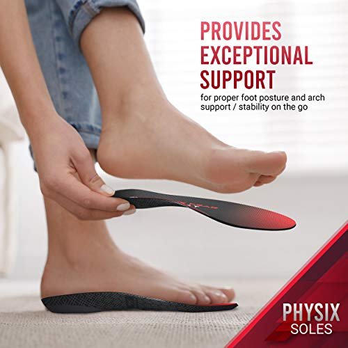 Physix Gear Sport Orthostatische Einlegesohlen für Männer & Frauen – Fußgewölbe-Stützung, Orthopädische Einlagen, Plantarfasziitis Komfort, Rot/Schwarz, M