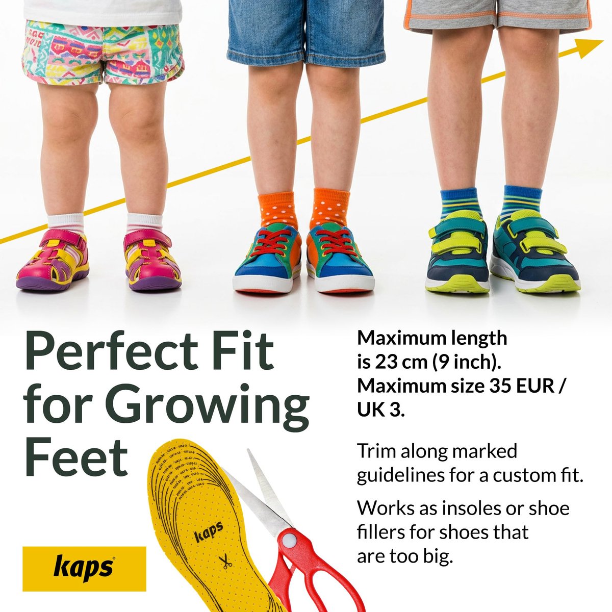 Kaps Arieto Einlegesohlen für Kinder - Atmungsaktive Schuhsohlen für Kinder & Kleinkinder, verhindern Blasen, halten Füße frisch, bis 23 cm / 9 Zoll - zuschneidbar