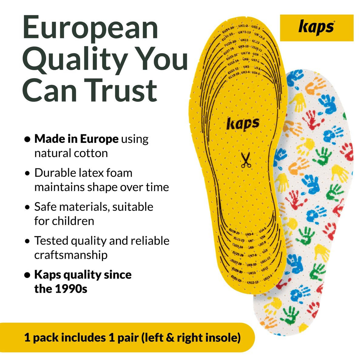 Kaps Arieto Einlegesohlen für Kinder - Atmungsaktive Schuhsohlen für Kinder & Kleinkinder, verhindern Blasen, halten Füße frisch, bis 23 cm / 9 Zoll - zuschneidbar