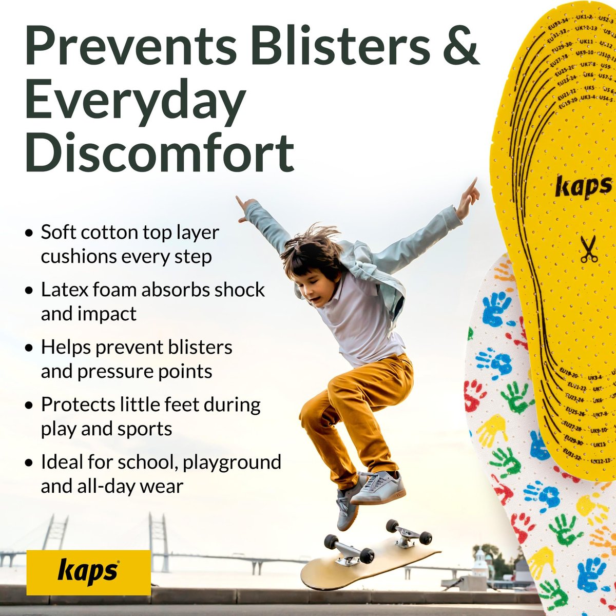 Kaps Arieto Einlegesohlen für Kinder - Atmungsaktive Schuhsohlen für Kinder & Kleinkinder, verhindern Blasen, halten Füße frisch, bis 23 cm / 9 Zoll - zuschneidbar