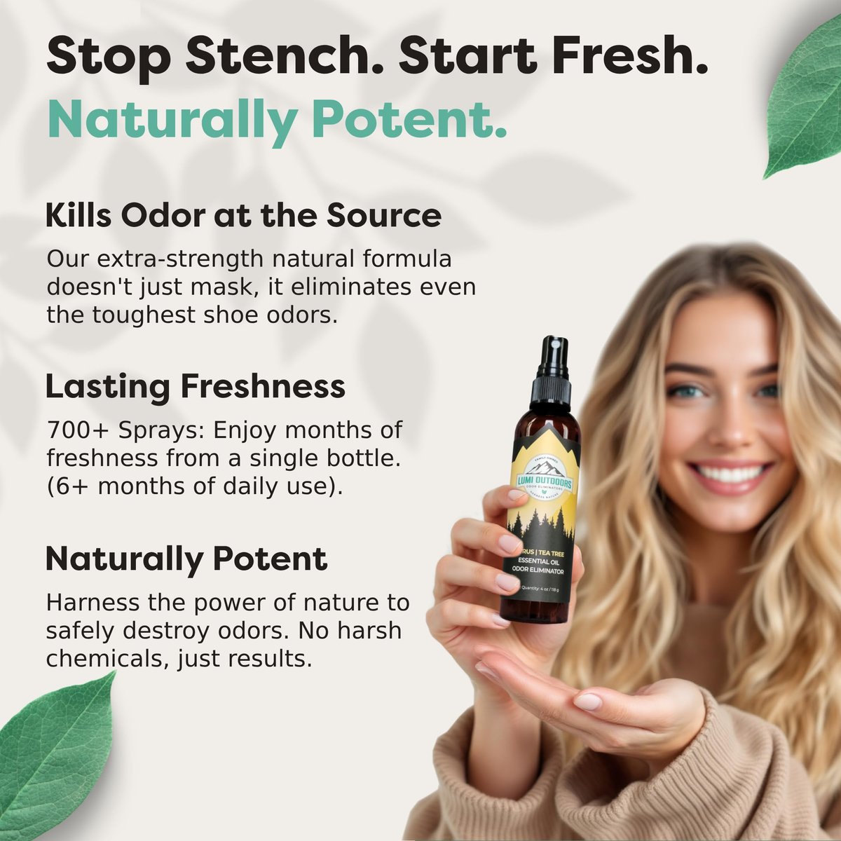 Lumi Outdoors Natürlicher Schuh-Deo-Spray & Geruchsentferner - Frischer Citrus-Tee-Baumöl-Geruchsvernichter