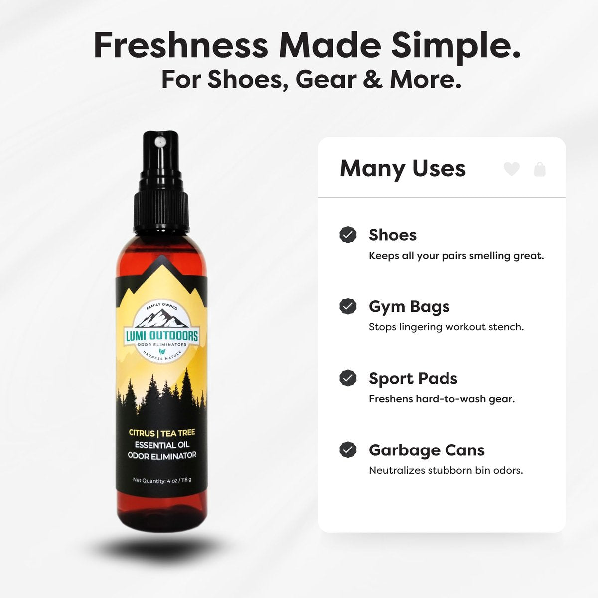 Lumi Outdoors Natürlicher Schuh-Deo-Spray & Geruchsentferner - Frischer Citrus-Tee-Baumöl-Geruchsvernichter