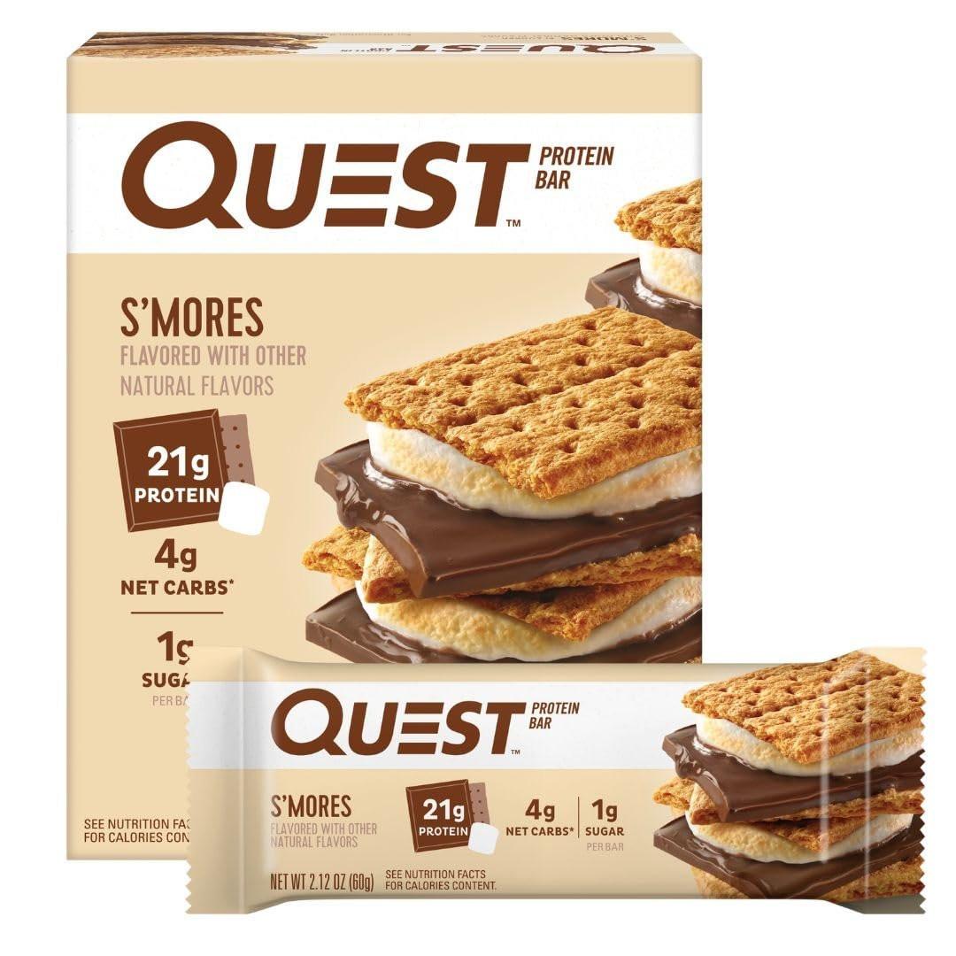 Quest Nutrition S'mores Proteinriegel, 21g Protein, 4g Netto-Kohlenhydrate, 1g Zucker, Glutenfrei, Keto-geeignet, 4er-Pack