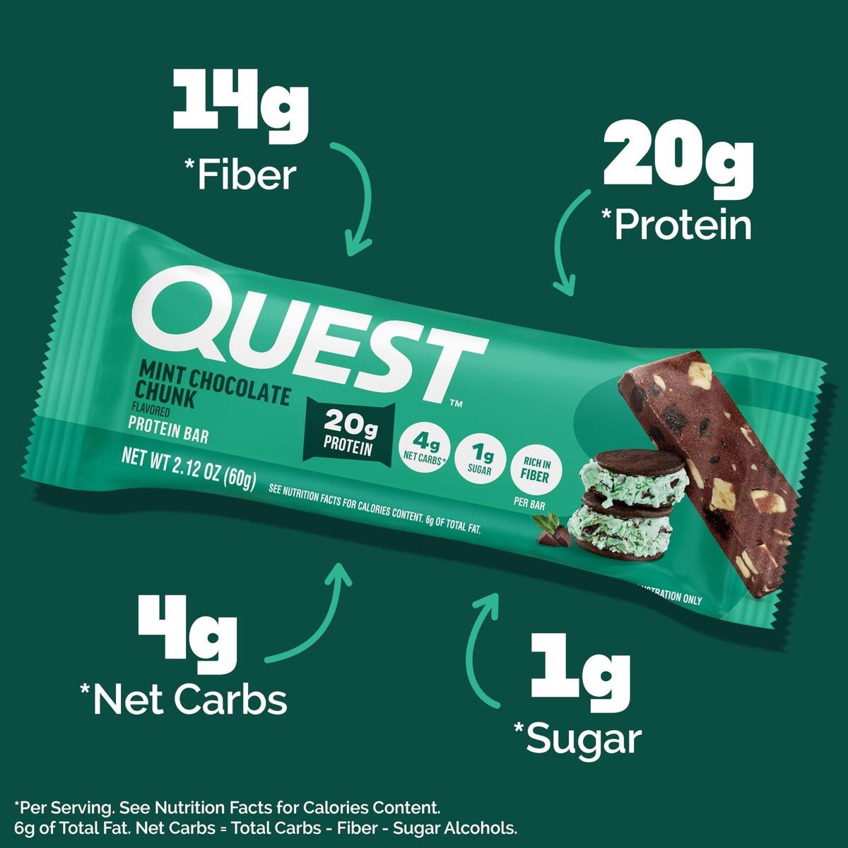Quest Nutrition Minze-Schokoladenstückchen Proteinriegel, 20g Protein, 1g Zucker, 4g Netto-Kohlenhydrate, Ballaststoffreich, Glutenfrei, Keto-freundlich, 4er Pack