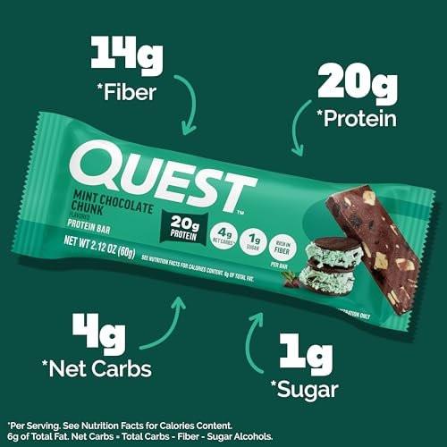 Quest Nutrition Minze-Schokoladenstückchen Proteinriegel, 20g Protein, 1g Zucker, 4g Netto-Kohlenhydrate, Ballaststoffreich, Glutenfrei, Keto-freundlich, 4er Pack
