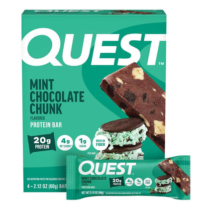 Quest Nutrition Minze-Schokoladenstückchen Proteinriegel, 20g Protein, 1g Zucker, 4g Netto-Kohlenhydrate, Ballaststoffreich, Glutenfrei, Keto-freundlich, 4er Pack