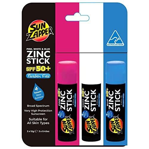Sun Zapper Zink Sonnencreme Stick 3er-Pack SPF 50+ Pink Weiß Blau – Mineralischer Sonnenschutz für das Gesicht, wasserbeständig für Kinder und Familie, Reisegröße 12g (0,42 oz), hergestellt in Australien