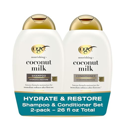 OGX Nourishing + Coconut Milk Sulfate-freies Shampoo und Conditioner Set, Hydratisiert und Pflegt das Haar, Lipi Pro Shield Technologie, Cremiger Kokosmilch, Weißer Pfirsich und Sheabutter Duft, 2 x 385 ml