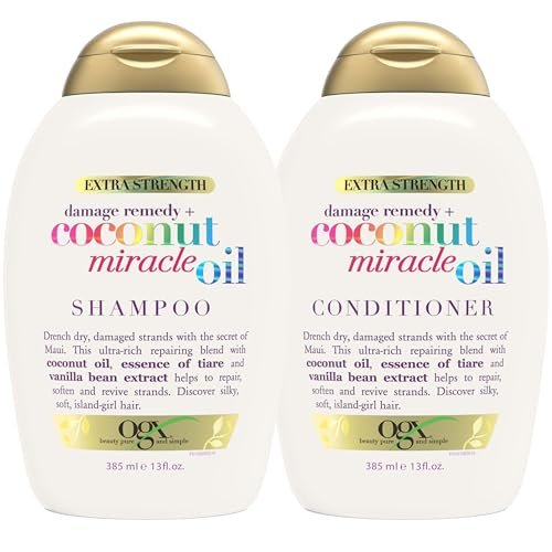 OGX Extra Strength Damage Remedy + Coconut Miracle Oil Shampoo & Conditioner für trockenes, frizziges oder grobes Haar – Feuchtigkeitsspendende & fliegende Haare bändigende Pflege – Parabenfrei, Sulfatfrei, 13 Fl Oz, 2er-Pack