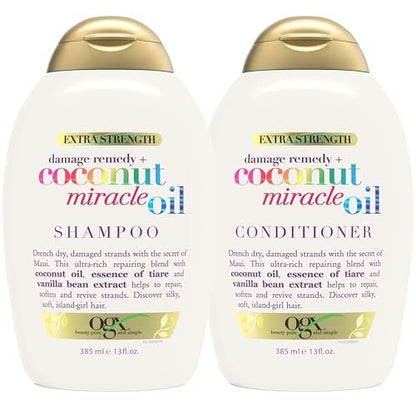 OGX Extra Strength Damage Remedy + Coconut Miracle Oil Shampoo & Conditioner für trockenes, frizziges oder grobes Haar – Feuchtigkeitsspendende & fliegende Haare bändigende Pflege – Parabenfrei, Sulfatfrei, 13 Fl Oz, 2er-Pack