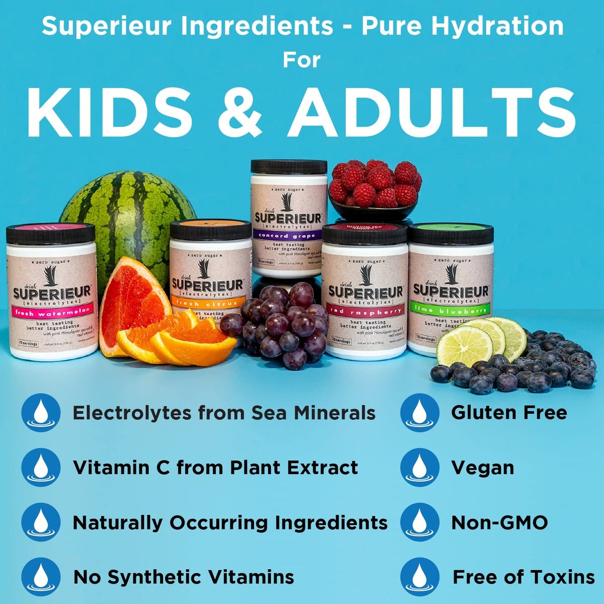 Superieur Electrolyte Powder Packets - Vegan Elektrolyt-Hydrationspulver mit Meeresmineralien - Keto-freundlich, Nicht-GVO, Zuckerfreies Elektrolyt-Ergänzungsmittel - Gesundes Sportgetränk - Wassermelone (14 Packungen)