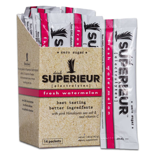 Superieur Electrolyte Powder Packets - Vegan Elektrolyt-Hydrationspulver mit Meeresmineralien - Keto-freundlich, Nicht-GVO, Zuckerfreies Elektrolyt-Ergänzungsmittel - Gesundes Sportgetränk - Wassermelone (14 Packungen)