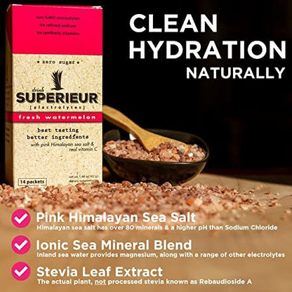 Superieur Electrolyte Powder Packets - Vegan Elektrolyt-Hydrationspulver mit Meeresmineralien - Keto-freundlich, Nicht-GVO, Zuckerfreies Elektrolyt-Ergänzungsmittel - Gesundes Sportgetränk - Wassermelone (14 Packungen)