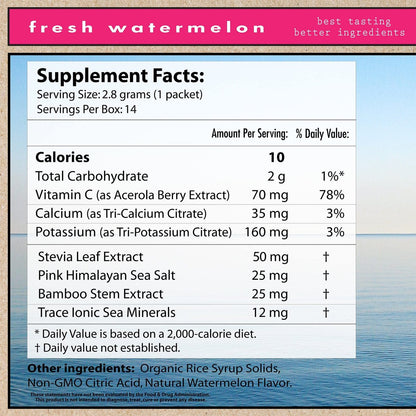 Superieur Electrolyte Powder Packets - Vegan Elektrolyt-Hydrationspulver mit Meeresmineralien - Keto-freundlich, Nicht-GVO, Zuckerfreies Elektrolyt-Ergänzungsmittel - Gesundes Sportgetränk - Wassermelone (14 Packungen)