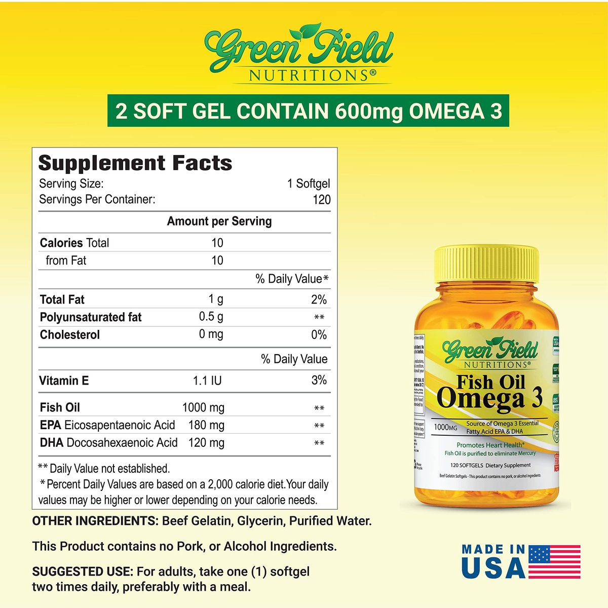 Greenfield Nutritions Halal Fischöl 1000mg, 300mg Halal Omega 3, Kleines Wildes Peruanisches Fischöl, EPA 180 mg & DHA 120 mg, Nicht-GVO, Glutenfrei, Unterstützt Gehirn- & Herzgesundheit, 120 Kapseln