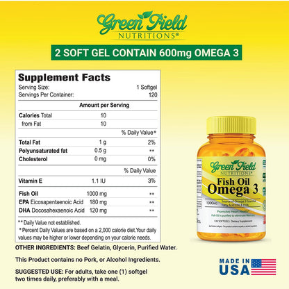 Greenfield Nutritions Halal Fischöl 1000mg, 300mg Halal Omega 3, Kleines Wildes Peruanisches Fischöl, EPA 180 mg & DHA 120 mg, Nicht-GVO, Glutenfrei, Unterstützt Gehirn- & Herzgesundheit, 120 Kapseln