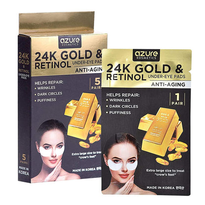 Azure Cosmetics 24K Gold & Retinol Anti-Aging Augenpflaster – Straffende, regenerierende & tiefenfeuchtigkeitsspendende Augenmasken – Reduziert feine Linien, Falten, dunkle Augenringe & Schwellungen – Hergestellt in Korea, 5 Paare
