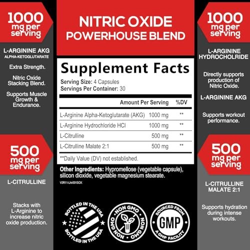 Extra Starkes Stickstoffmonoxid-Booster - 3-fache Stärke L-Arginin AKG & Citrullin Malat - Premium Pre-Workout für Männer & Frauen - Natürliche Energie & Muskelunterstützung, in den USA abgefüllt - 120 Kapseln