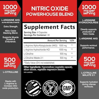 Extra Starkes Stickstoffmonoxid-Booster - 3-fache Stärke L-Arginin AKG & Citrullin Malat - Premium Pre-Workout für Männer & Frauen - Natürliche Energie & Muskelunterstützung, in den USA abgefüllt - 120 Kapseln