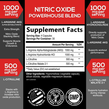 Extra Starkes Stickstoffmonoxid-Booster - 3-fache Stärke L-Arginin AKG & Citrullin Malat - Premium Pre-Workout für Männer & Frauen - Natürliche Energie & Muskelunterstützung, in den USA abgefüllt - 120 Kapseln