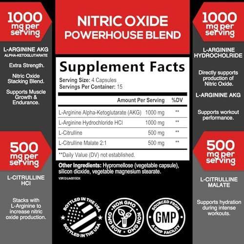 Extra Starkes Nitric-Oxid-Booster – 3-fache Stärke mit L-Arginin AKG & Citrullin Malat – Premium Pre-Workout Booster für Männer & Frauen – Natürliche Energie & Muskelunterstützung – Hergestellt in den USA – 60 Kapseln