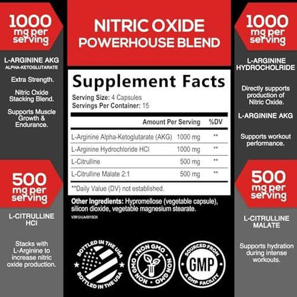 Extra Starkes Nitric-Oxid-Booster – 3-fache Stärke mit L-Arginin AKG & Citrullin Malat – Premium Pre-Workout Booster für Männer & Frauen – Natürliche Energie & Muskelunterstützung – Hergestellt in den USA – 60 Kapseln