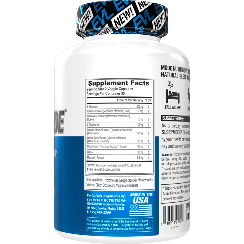 Evlution Nutrition Herbal Complex Schlafkapseln für Erwachsene – Sanfte Schlafunterstützung mit Melatonin, Baldrian, L-Tryptophan, Melisse und mehr – 60 Kapseln (30 Portionen)
