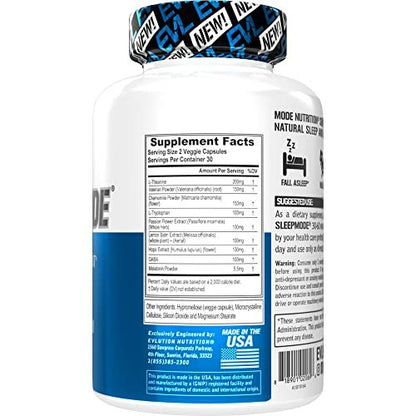 Evlution Nutrition Herbal Complex Schlafkapseln für Erwachsene – Sanfte Schlafunterstützung mit Melatonin, Baldrian, L-Tryptophan, Melisse und mehr – 60 Kapseln (30 Portionen)