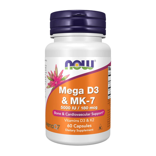 NOW Foods Mega D-3 & MK-7 mit Vitamin D-3 & K-2, 5.000 IE/180 mcg, Knochen- & Herz-Kreislauf-Unterstützung*, 60 vegane Kapseln