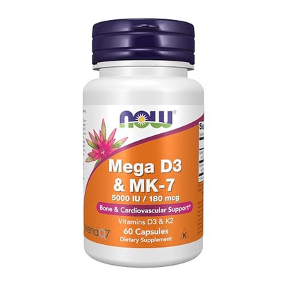 NOW Foods Mega D-3 & MK-7 mit Vitamin D-3 & K-2, 5.000 IE/180 mcg, Knochen- & Herz-Kreislauf-Unterstützung*, 60 vegane Kapseln