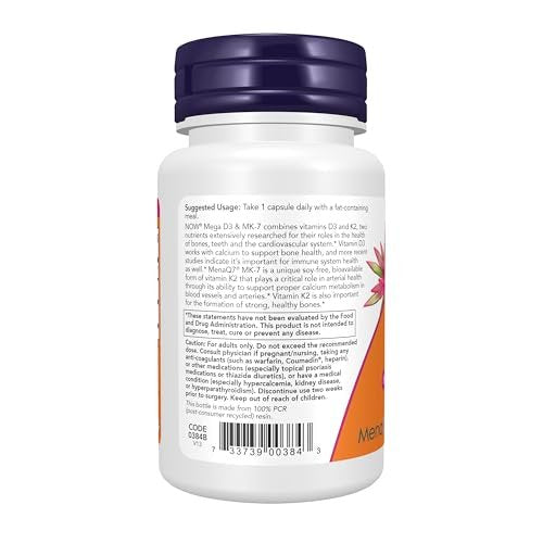 NOW Foods Mega D-3 & MK-7 mit Vitamin D-3 & K-2, 5.000 IE/180 mcg, Knochen- & Herz-Kreislauf-Unterstützung*, 60 vegane Kapseln
