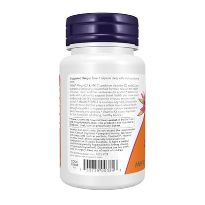 NOW Foods Mega D-3 & MK-7 mit Vitamin D-3 & K-2, 5.000 IE/180 mcg, Knochen- & Herz-Kreislauf-Unterstützung*, 60 vegane Kapseln
