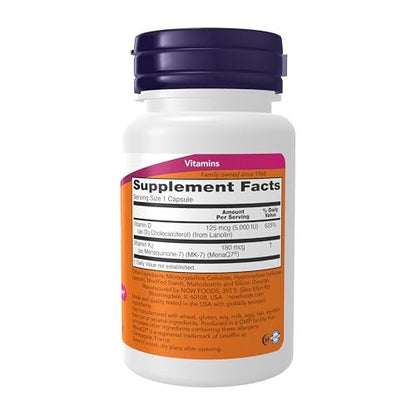 NOW Foods Mega D-3 & MK-7 mit Vitamin D-3 & K-2, 5.000 IE/180 mcg, Knochen- & Herz-Kreislauf-Unterstützung*, 60 vegane Kapseln