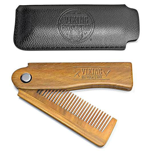 Klappbarer Holzkamm für den Bart – mit Aufbewahrungstasche – Grüner Sandelholz-Kamm für Herren – Geschenkbox – von Viking Revolution