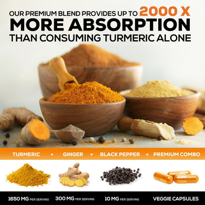 Turmeric Curcumin Komplex - 95% Curcuminoiden mit Bio-Kurkuma & Ingwer, BioPerine Schwarzer Pfeffer Extrakt für beste Absorption, Natürliche vegane Gelenkunterstützung, Non-GMO, Abgefüllt in den USA - 120 Kapseln