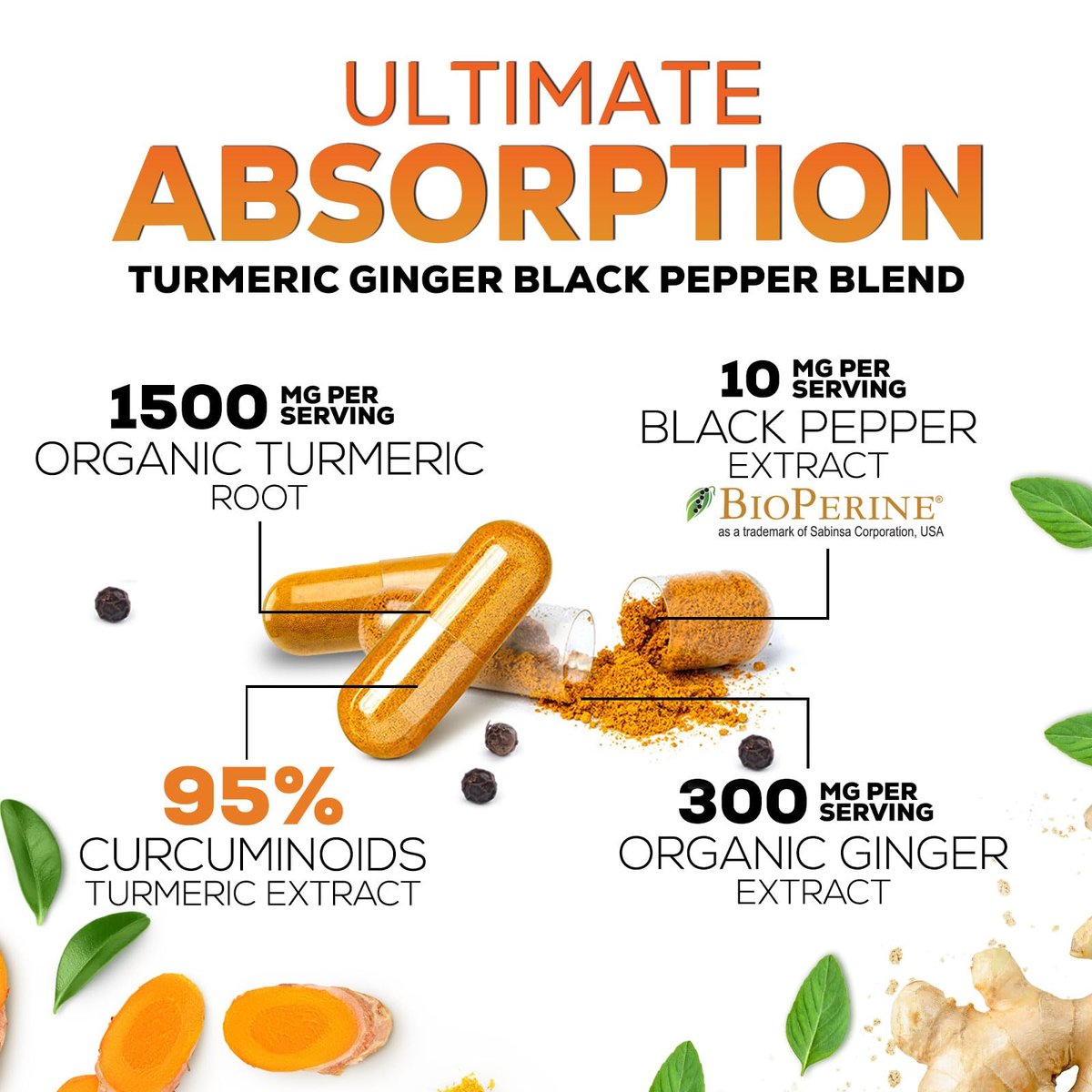 Turmeric Curcumin Komplex - 95% Curcuminoiden mit Bio-Kurkuma & Ingwer, BioPerine Schwarzer Pfeffer Extrakt für beste Absorption, Natürliche vegane Gelenkunterstützung, Non-GMO, Abgefüllt in den USA - 120 Kapseln