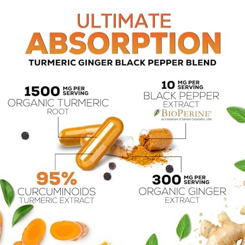 Turmeric Curcumin Komplex - 95% Curcuminoiden mit Bio-Kurkuma & Ingwer, BioPerine Schwarzer Pfeffer Extrakt für beste Absorption, Natürliche vegane Gelenkunterstützung, Non-GMO, Abgefüllt in den USA - 120 Kapseln