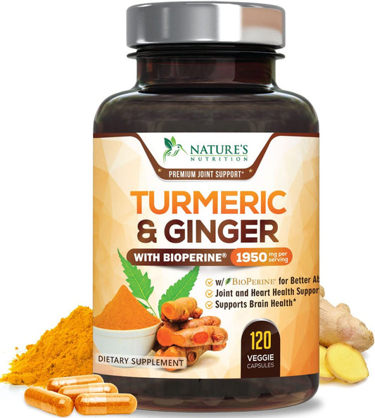 Turmeric Curcumin Komplex - 95% Curcuminoiden mit Bio-Kurkuma & Ingwer, BioPerine Schwarzer Pfeffer Extrakt für beste Absorption, Natürliche vegane Gelenkunterstützung, Non-GMO, Abgefüllt in den USA - 120 Kapseln