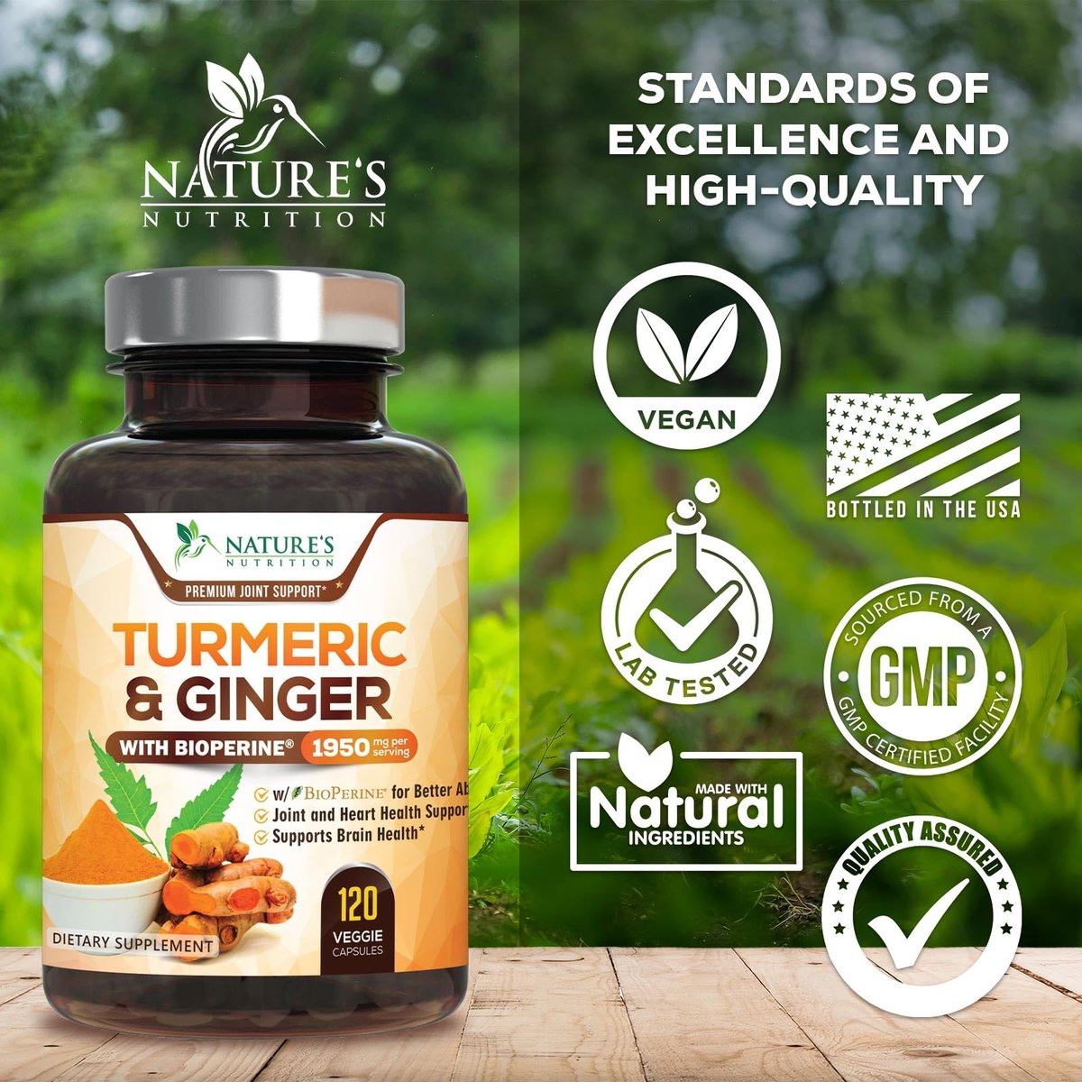 Turmeric Curcumin Komplex - 95% Curcuminoiden mit Bio-Kurkuma & Ingwer, BioPerine Schwarzer Pfeffer Extrakt für beste Absorption, Natürliche vegane Gelenkunterstützung, Non-GMO, Abgefüllt in den USA - 120 Kapseln