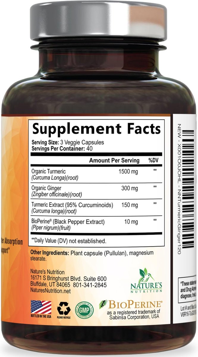 Turmeric Curcumin Komplex - 95% Curcuminoiden mit Bio-Kurkuma & Ingwer, BioPerine Schwarzer Pfeffer Extrakt für beste Absorption, Natürliche vegane Gelenkunterstützung, Non-GMO, Abgefüllt in den USA - 120 Kapseln